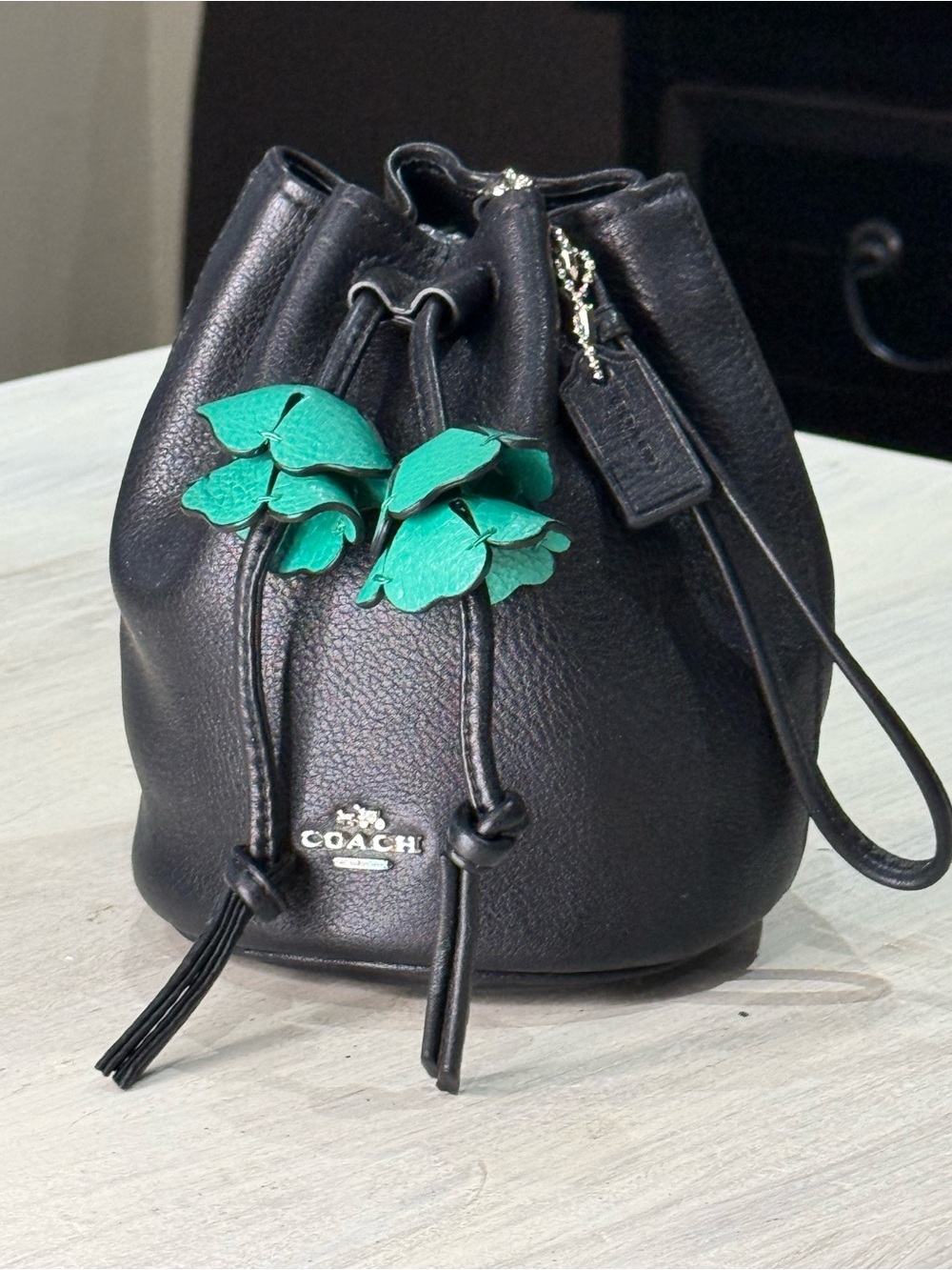 Coach Black Leather Drawstring Bucket Wristlet/ Bucket Bag W Green Leaf Accents